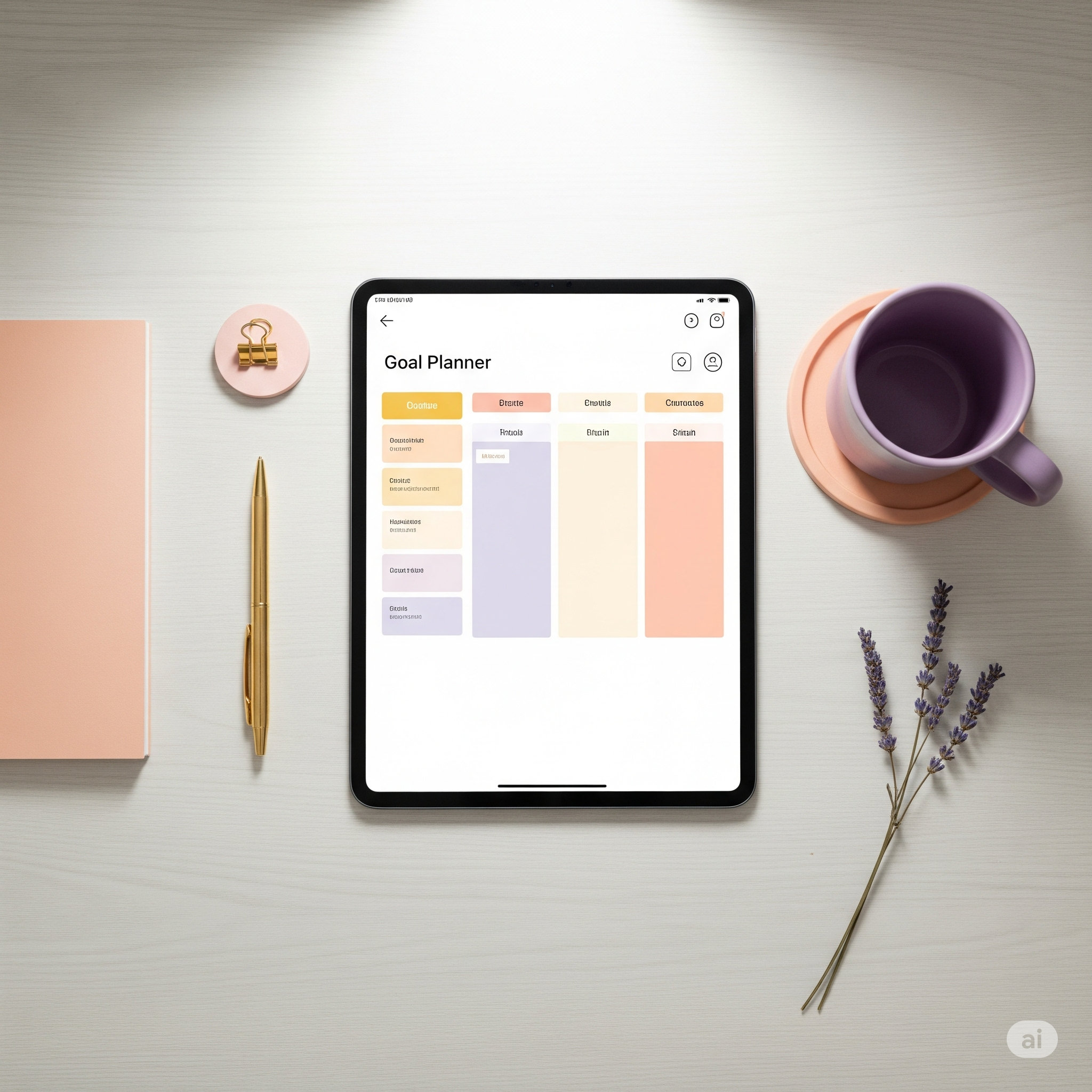 Flat lay of a digital planner and goal tracker on a clean desk, with soft pastel colors in gold, peach, and lavender; minimalistic, organized, and inspiring workspace; no text; overhead view, bright and airy lighting.